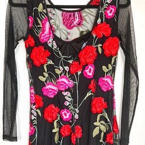 “Elegant Black Mesh Dress with Floral Embroidery”